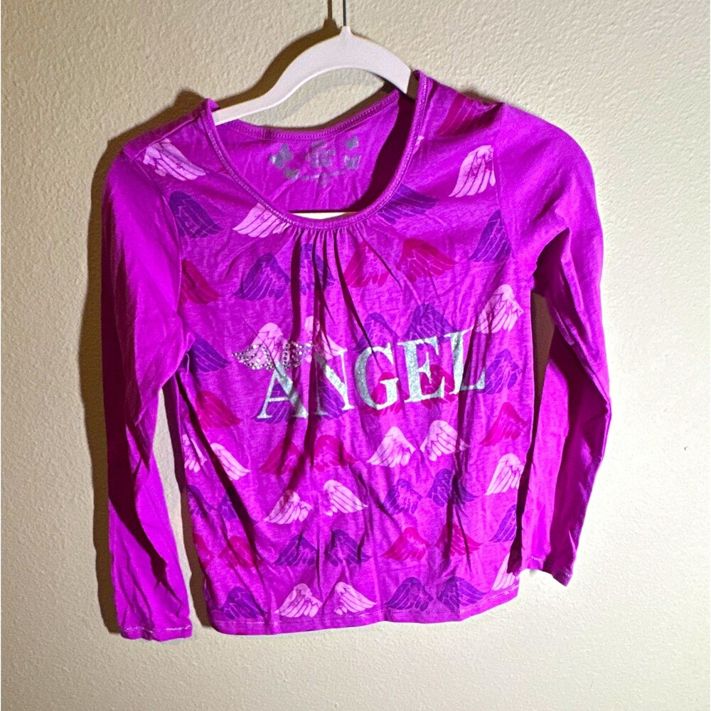 Faded Glory Girl’s Purple Graphic Glitter Scoop Neck Long Sleeve Knit Tee XL